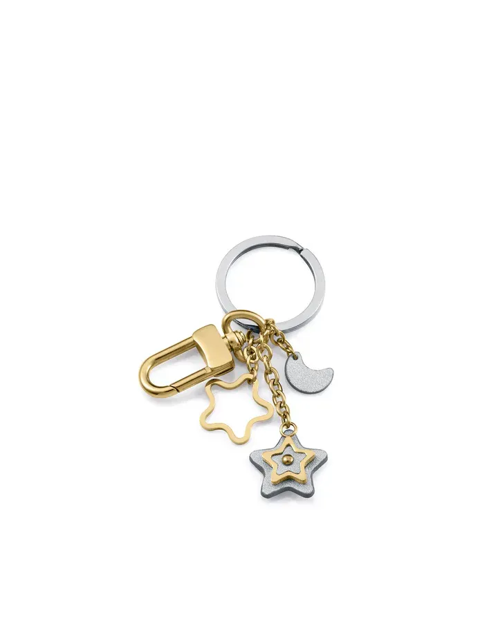 Llavero de mujer de acero Ip dorado y piel con cadenas colgantes con forma de estrellas y luna
