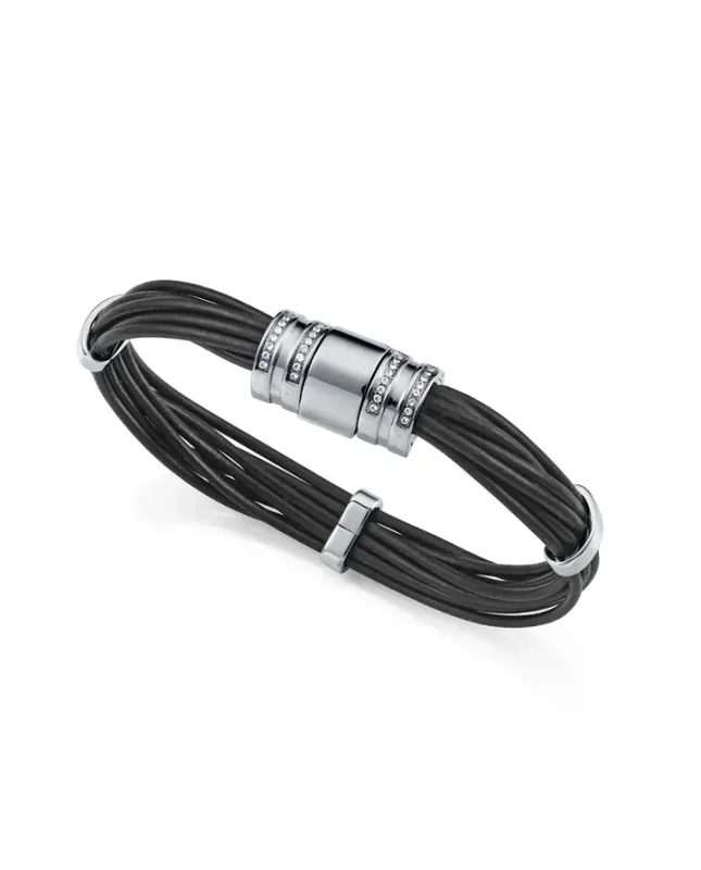 Pulsera de mujer de acero y piel negra con circonitas blancas