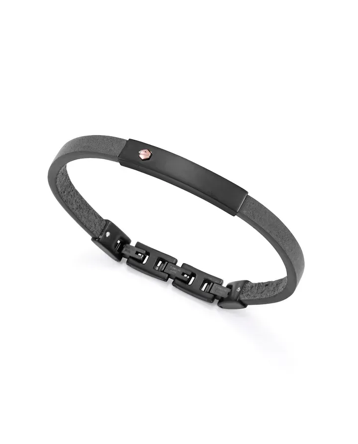 Pulsera de acero Ip negro y piel azul con placa y un tornillo de oro rosa 9k