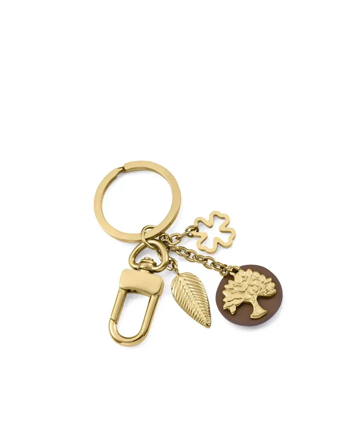 Llavero de mujer de acero Ip dorado y piel con cadenas y colgantes con forma de árbol de la vida y hojas