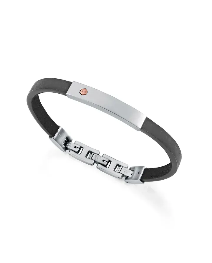 Pulsera de hombre de acero y piel negra con tornillo de oro rosa 9k