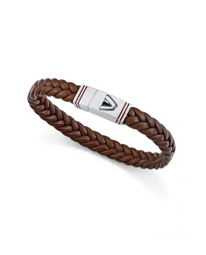 Pulsera de hombre de acero y piel marrón trenzada con esmalte marrón