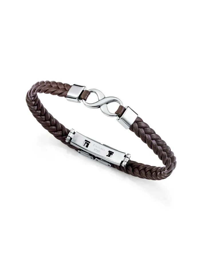 Pulsera de hombre de acero y piel marrón trenzada