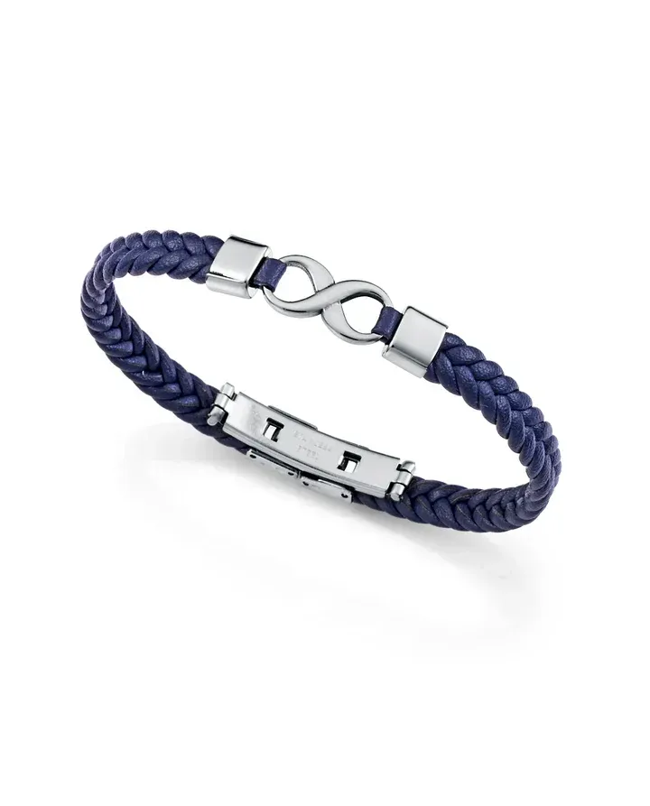 Pulsera de hombre de acero y piel azul trenzada