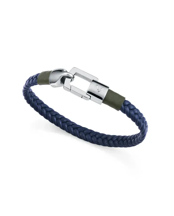 Pulsera de hombre de acero y piel trenzada azul con detalle piel verde