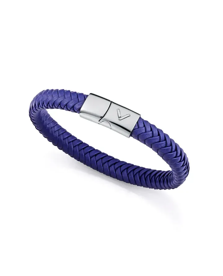 Pulsera de hombre de acero y piel azul trenzada
