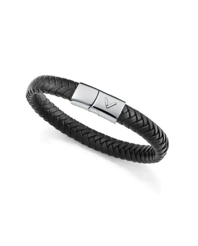 Pulsera de hombre de acero y piel negra trenzada