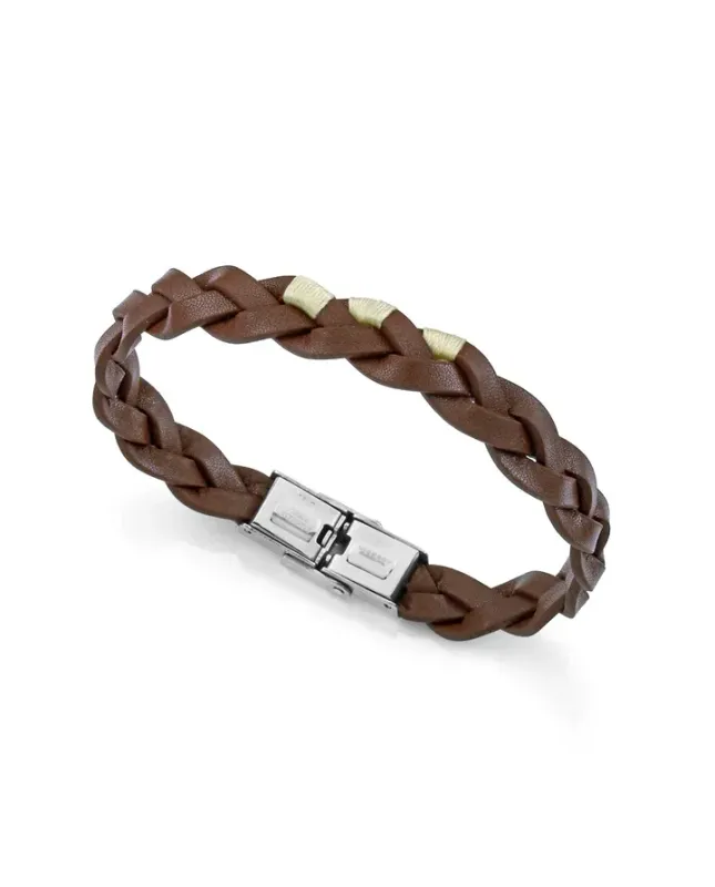 Pulsera de hombre de acero y piel marrón trenzada con cordón beige