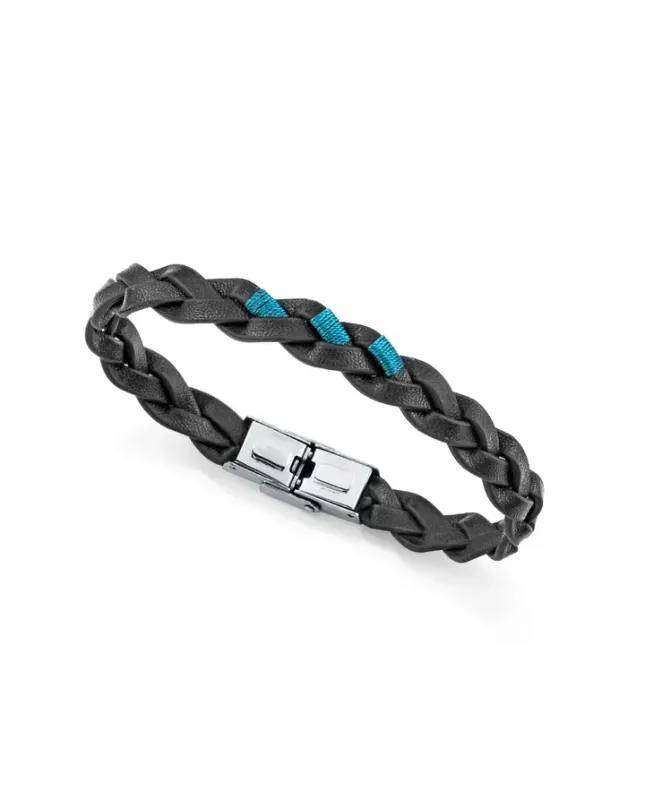 Pulsera de hombre de acero y piel negra trenzada con cordón verde