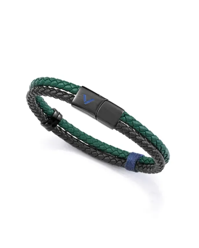 Pulsera de hombre doble de acero y piel trenzada negra y verde