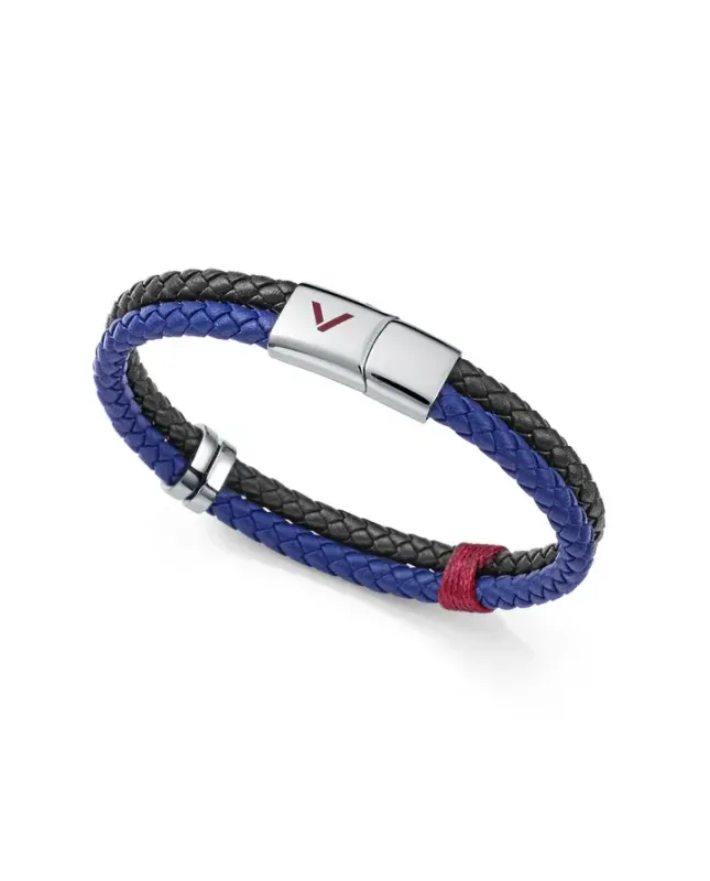 Pulsera de hombre doble de acero y piel trenzada negra y azul
