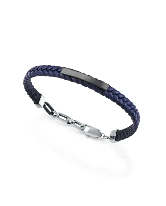 Pulsera de hombre de acero Ip gris con placa y piel trenzada azul