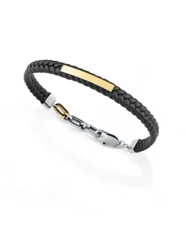 Pulsera de hombre de acero Ip dorado con placa y piel trenzada negra