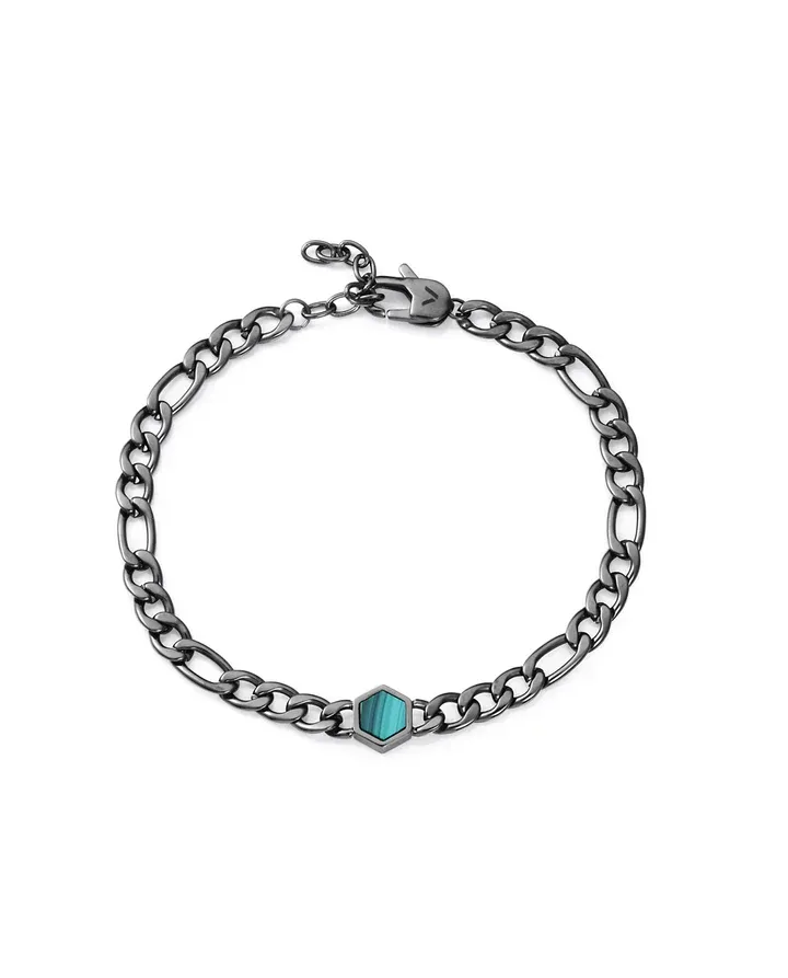 Pulsera de hombre de acero Ip gris cadena con piedra natural malaquita
