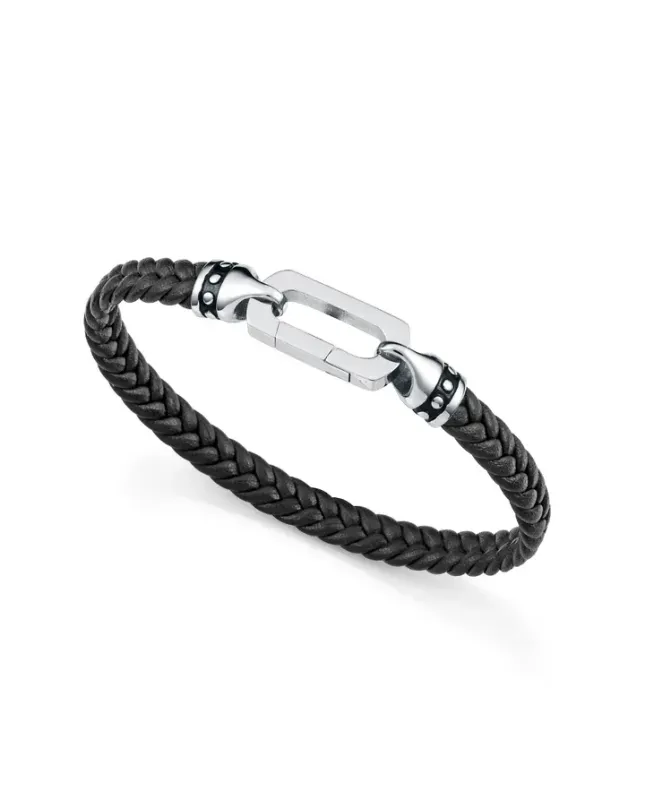 Pulsera de hombre de acero y piel negra trenzada con cierre de mosquetón