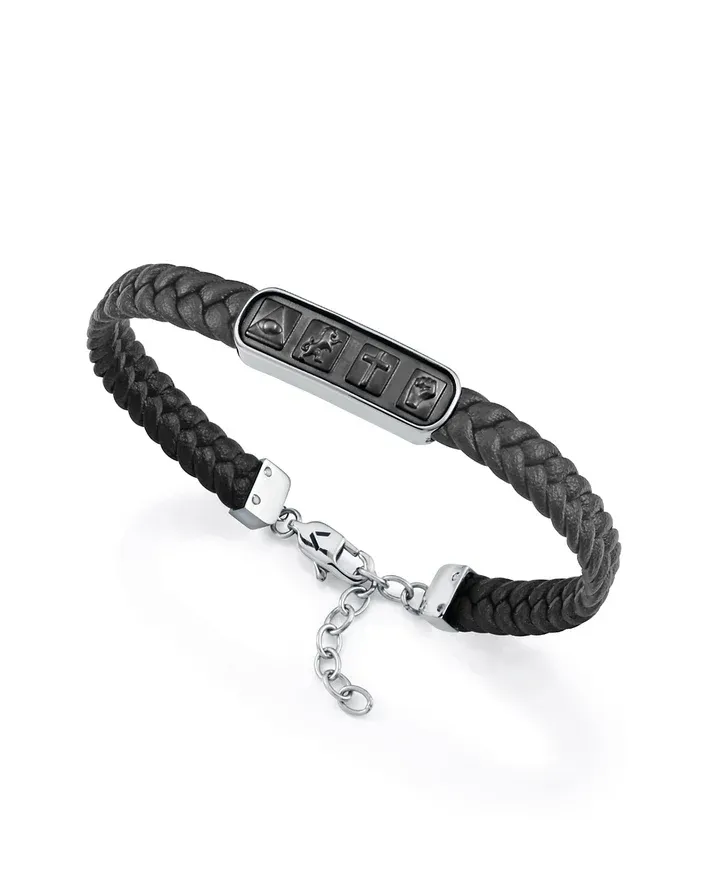 Pulsera de hombre de acero y piel negra con diseño en Ip negro