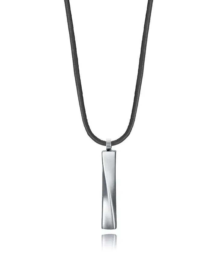 Collar de hombre de acero con piel marrón y colgante con diseño retorcido