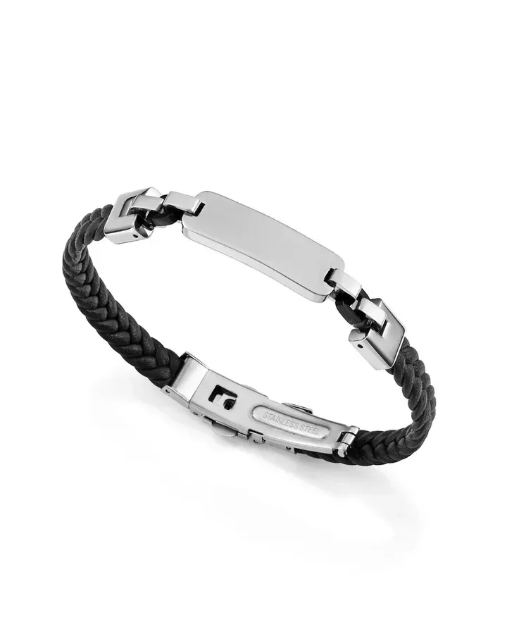 Pulsera de hombre de acero e Ip negro con piel trenzada negra y placa