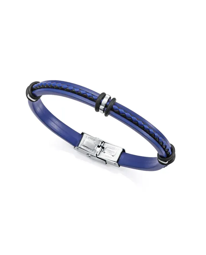 Pulsera de silicona con piel trenzada negra y azul y motivos de acero