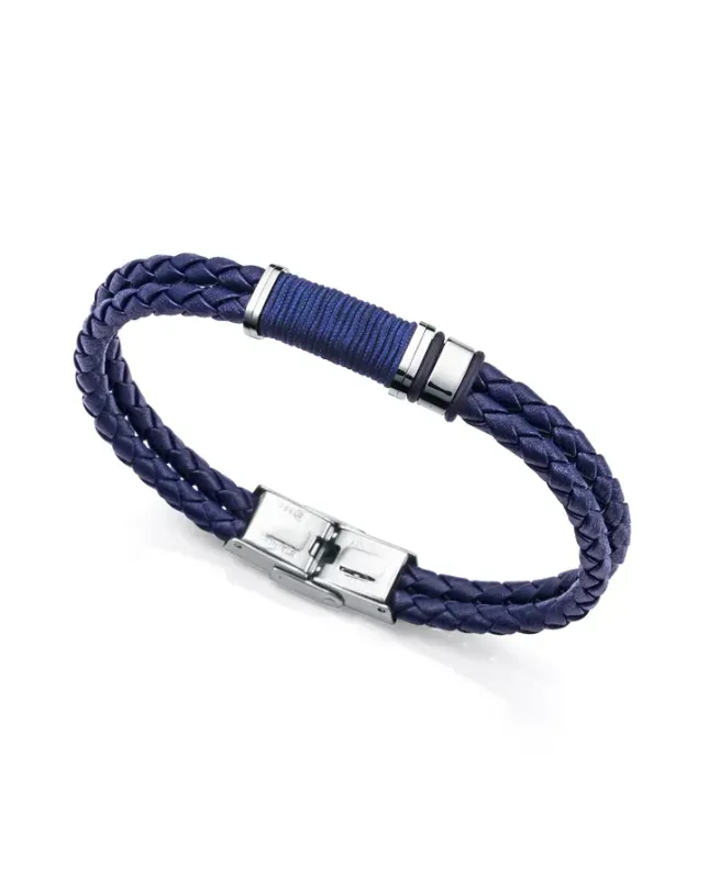 Pulsera doble de piel azul trenzada con motivo de cordón azul y detalles de acero