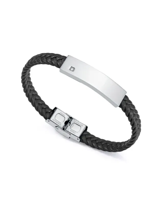 Pulsera de Hombre Magnum de acero con diamante y piel trenzada negra