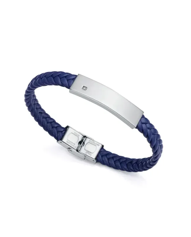 Pulsera de Hombre Magnum de acero con diamante y piel trenzada en azul
