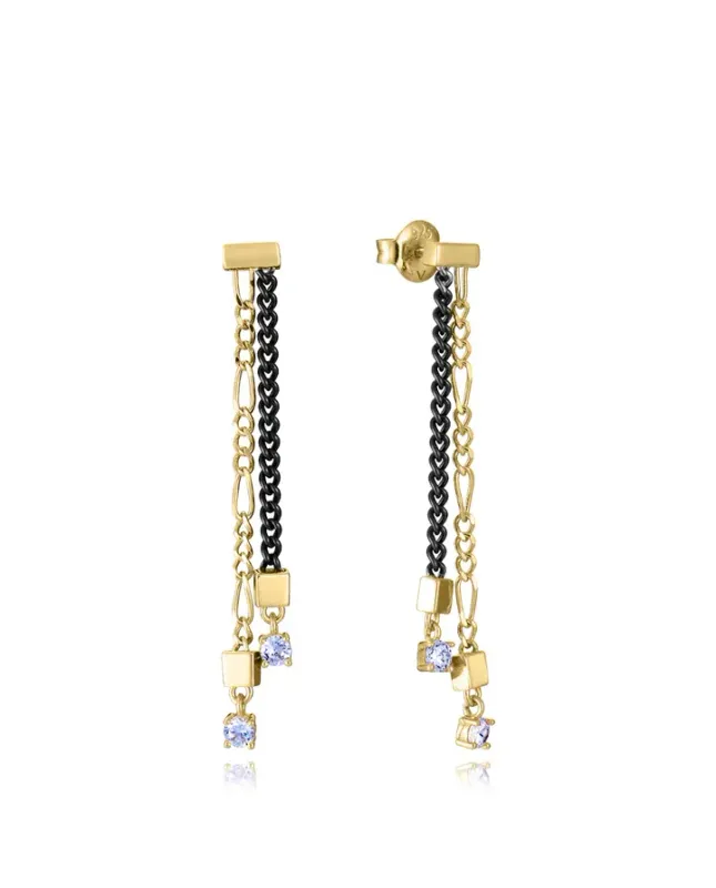 Pendientes de plata de primera ley con baño de oro e Ip gris cadena con circonitas blancas