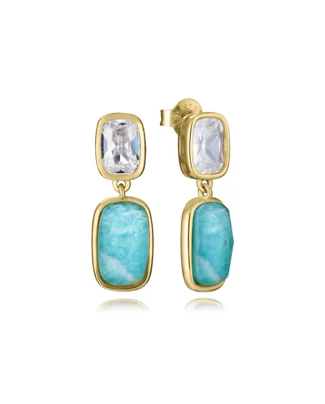 Pendientes de plata de primera ley con baño de oro y piedras naturales doblete amazonita y cristal más circonitas