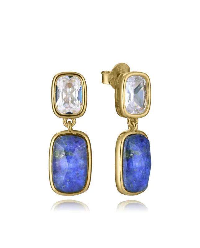 Pendientes de plata de primera ley con baño de oro y piedras naturales doblete laspislazuli y cristal más circonitas