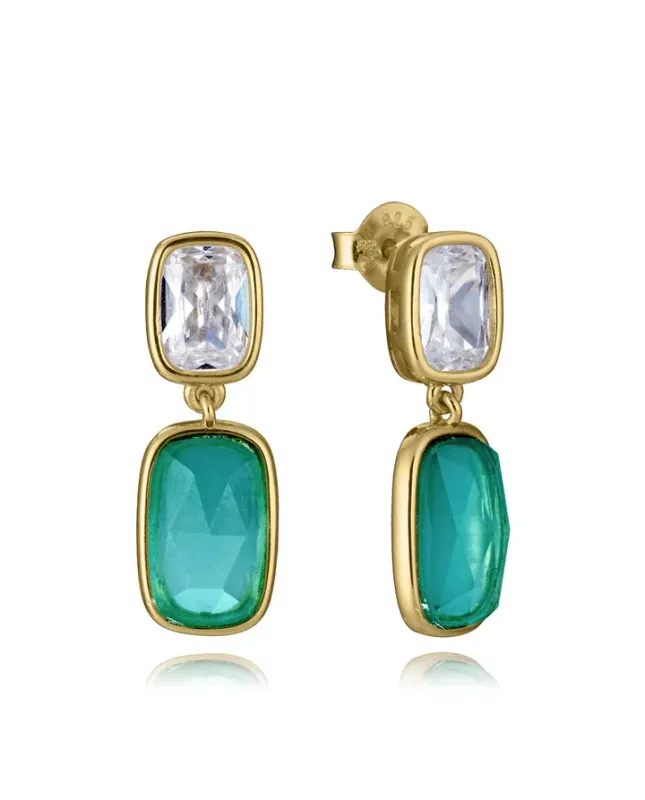 Pendientes de plata de primera ley con baño de oro y piedras naturales doblete agata verde y cristal más circonitas
