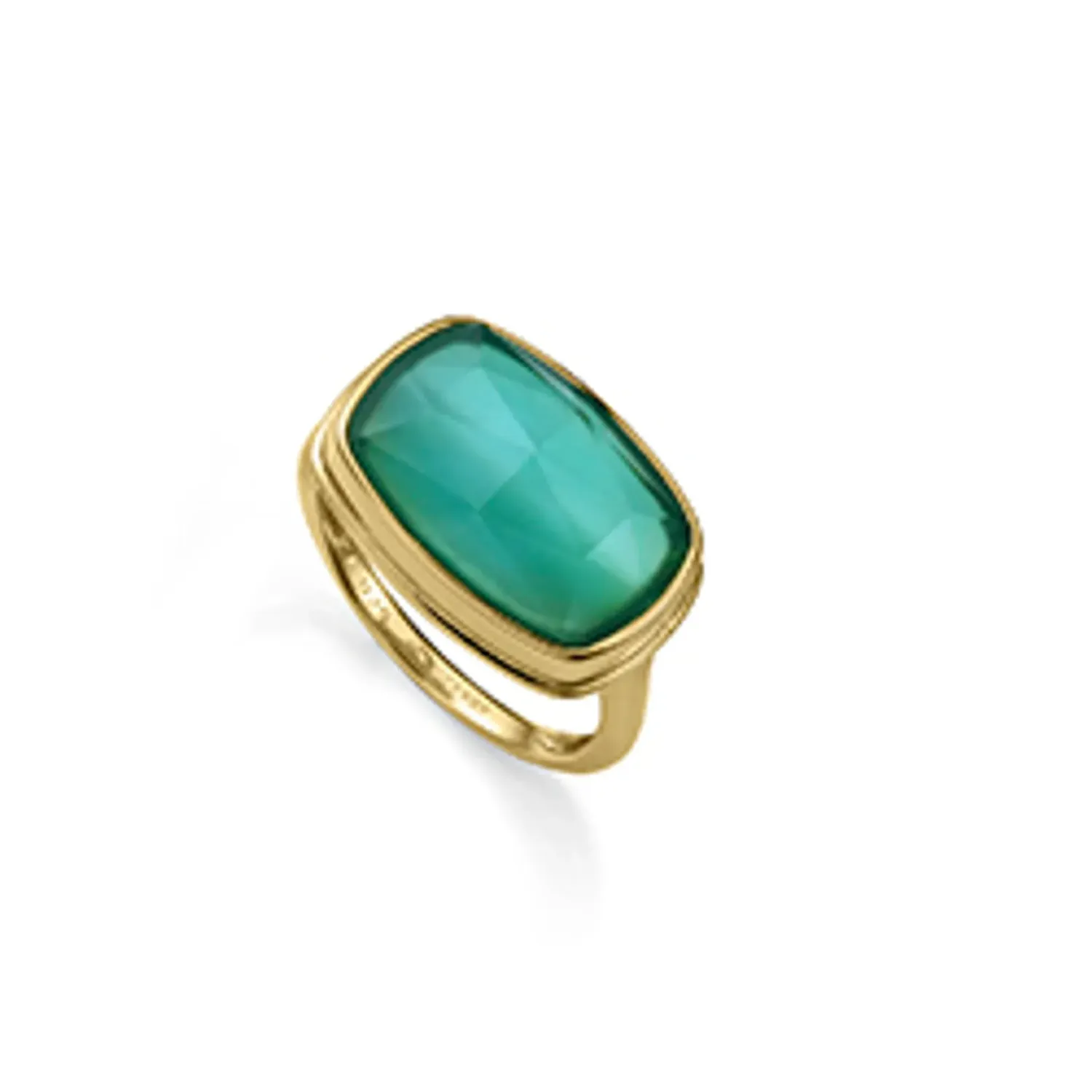 Anillo de plata de primera ley con baño de oro y piedra natural doblete agata verde y cristal