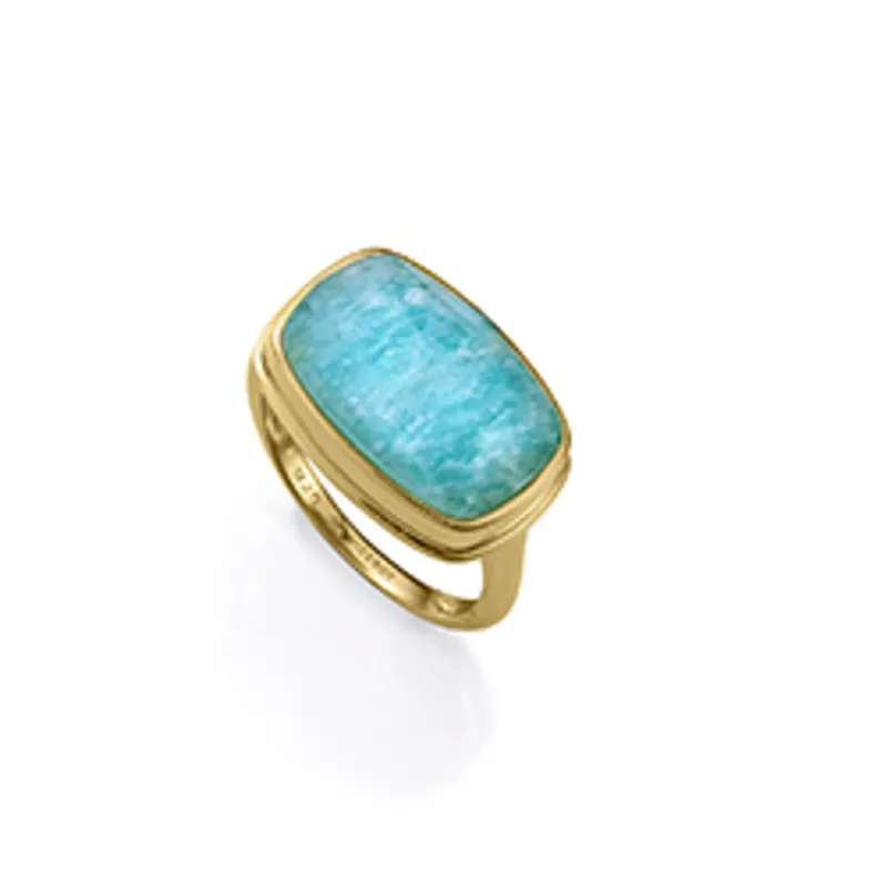 Anillo de plata de primera ley con baño de oro y piedra natural doblete amazonita y cristal