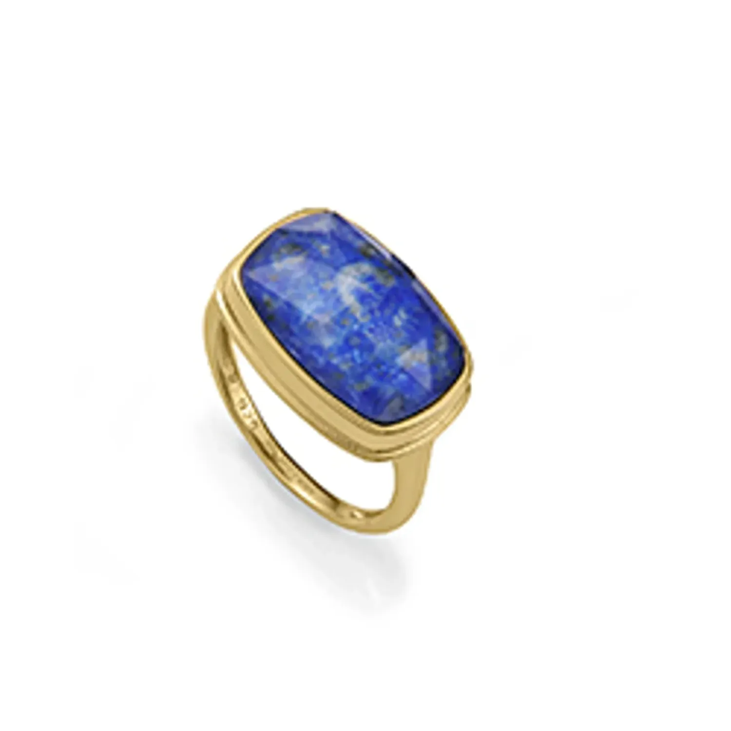 Anillo de plata de primera ley con baño de oro y piedra natural doblete lapiz lazuli y cristal