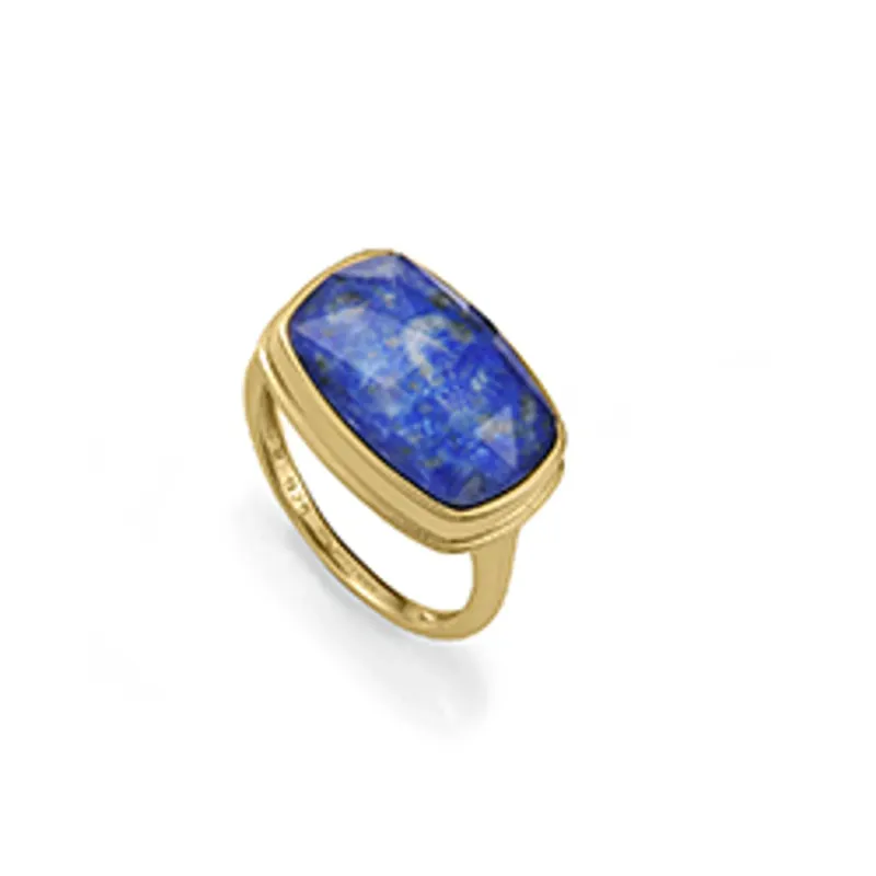 Anillo de plata de primera ley con baño de oro y piedra natural doblete lapiz lazuli y cristal