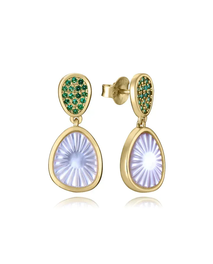 Pendientes de plata de primera ley con baño de oro con circonitas verdes y colgante con madre perla