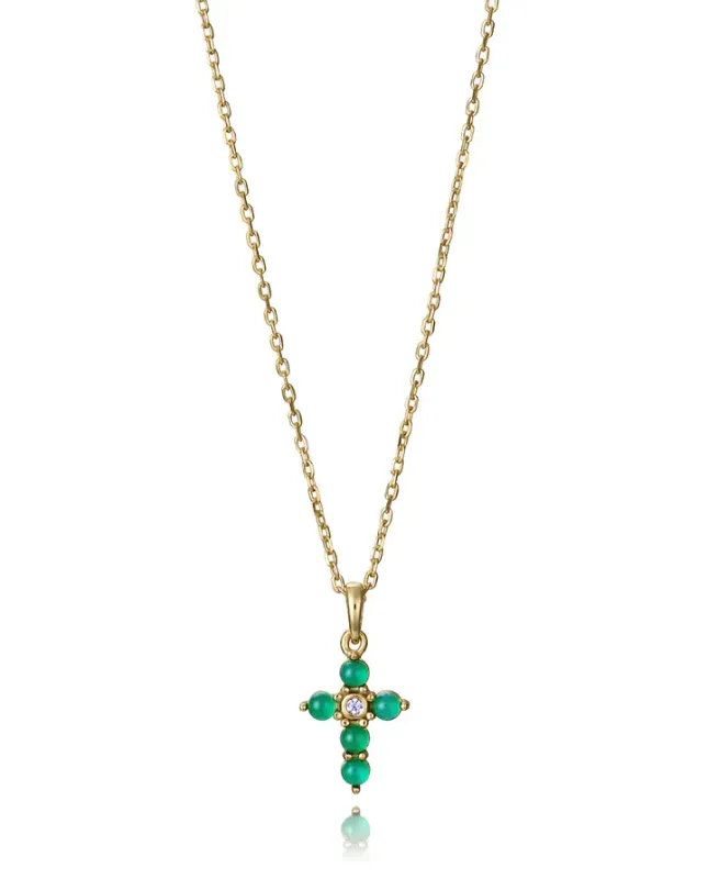 Collar de plata de primera ley con baño de oro y colgante cruz con piedras naturales topacio blanco y agata verde