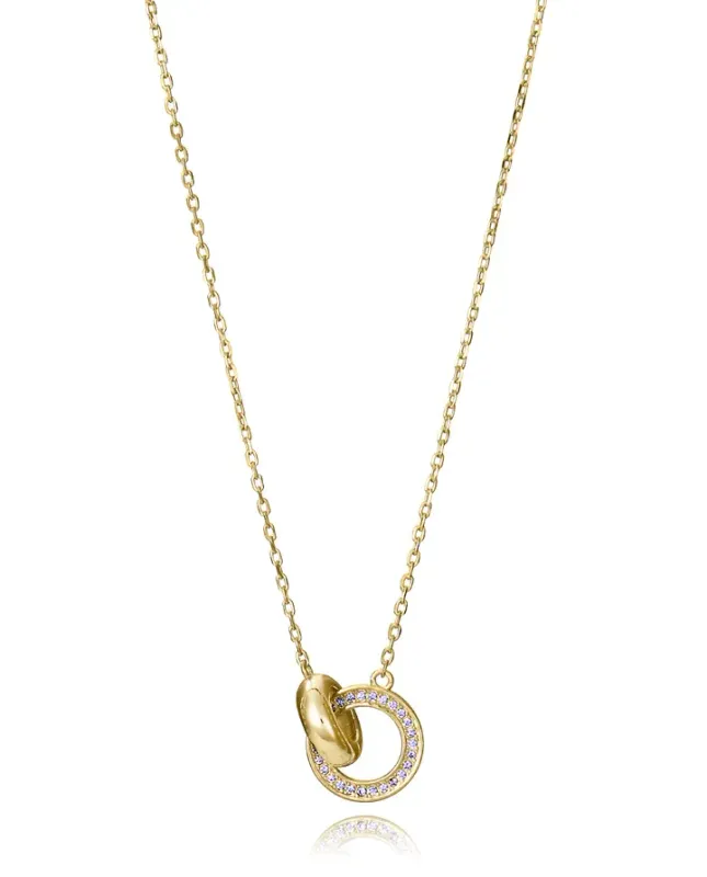 Collar de plata de primera ley con baño de oro con circonitas blancas y dos aros enlazados