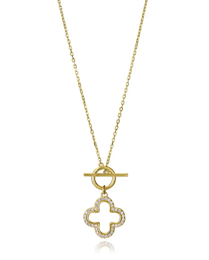 Collar de plata de primera ley con baño de oro con colgante trébol de 4 hojas con circonitas