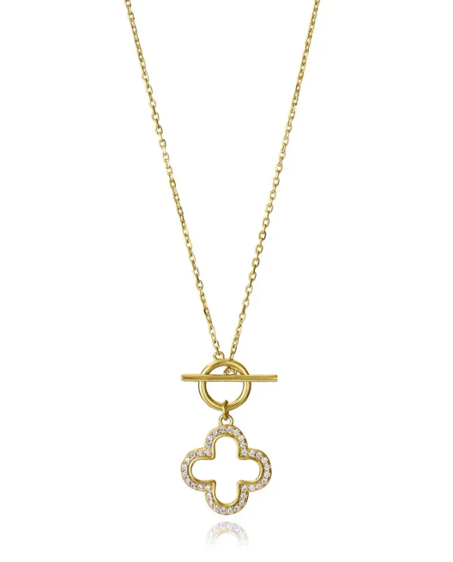 Collar de plata de primera ley con baño de oro con colgante trébol de 4 hojas con circonitas