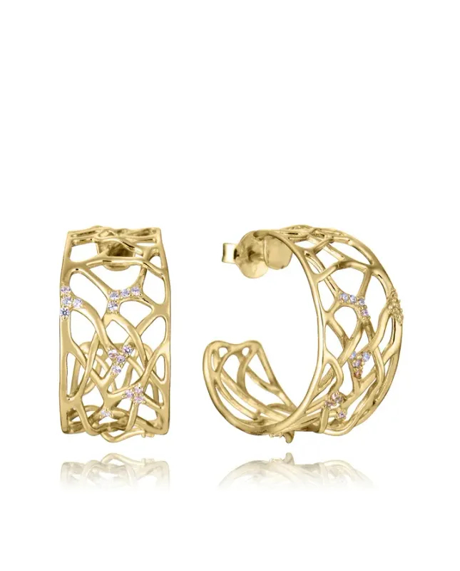 Pendientes de plata de primera ley con baño de oro, aro ancho abierto calado