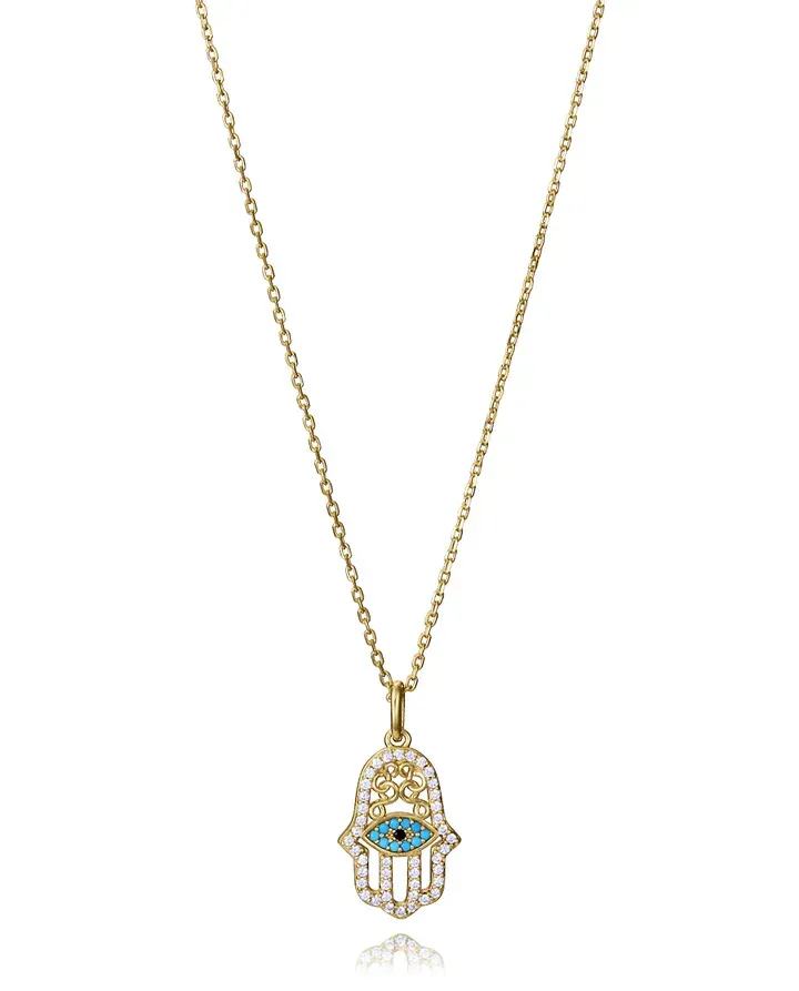 Collar de plata de primera ley con baño de oro y colgante mano de fatima con circonitas