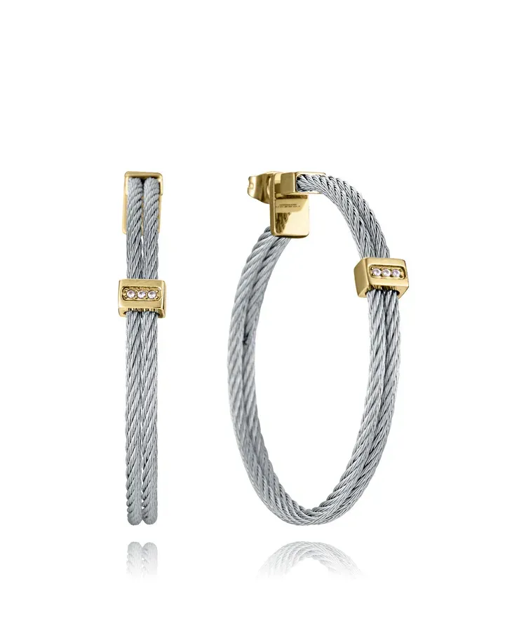 Pendientes de mujer de acero Ip dorado doble cable unido con barra con circonitas
