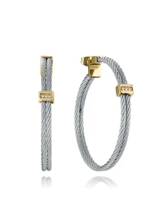 Pendientes de mujer de acero Ip dorado doble cable unido con barra con circonitas
