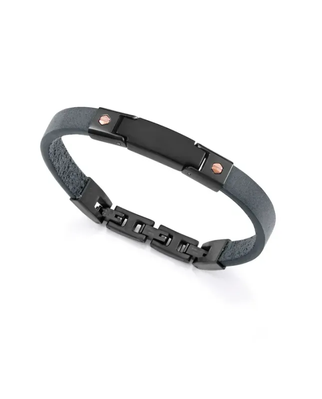 Pulsera de hombre de acero Ip negro y piel azul