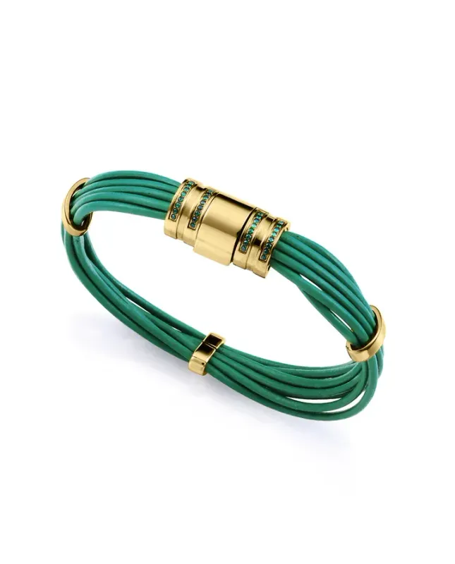 Pulsera de mujer de acero Ip dorado y piel verde con circonitas verdes