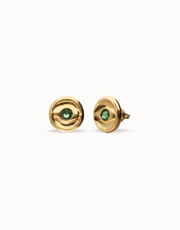 Pendientes de botón bañados en oro 18k con cristal facetado verde