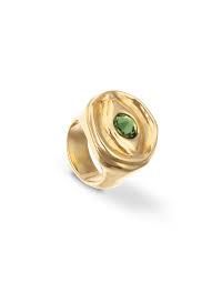 Anillo tipo sello en plata de ley y forma de ojo con cristal facetado verde