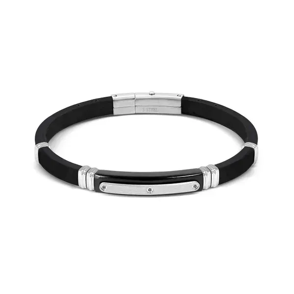 Pulsera de caucho para hombre con circonitas y decoración de hoja plateada