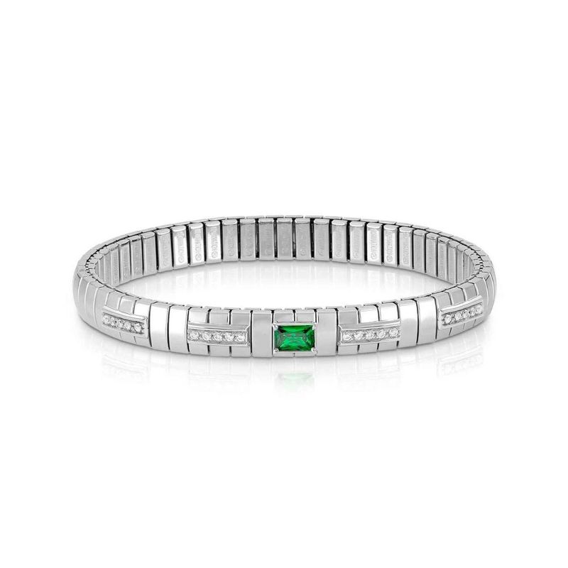 PULSERA NOMINATION EXTENSION DE ACERO, PLATA, CIRCONITA BAGUETTE VERDE