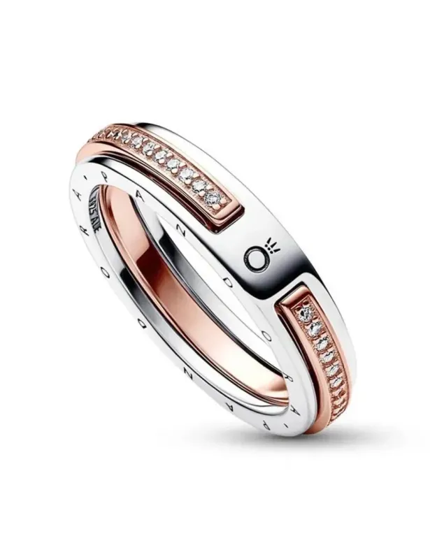 Anillo Pandora  Logo y Pavé en Dos Tonos Pandora Signature